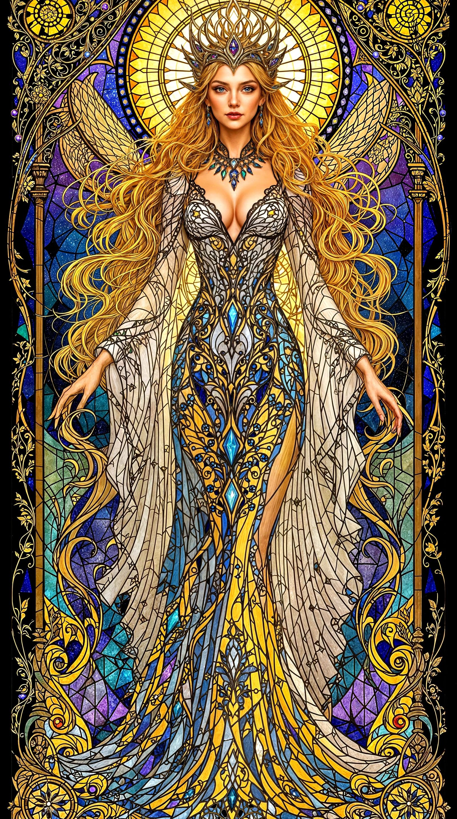 Galadriel Stained Glass Portrait in Art Nouveau Style