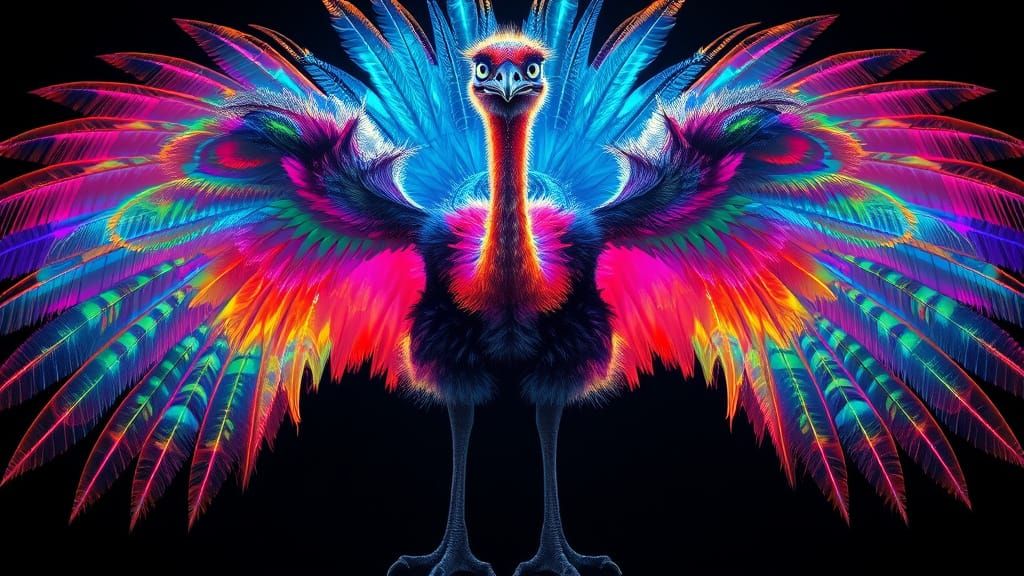 Iridescent Ostrich with Fractal Wings in Bioluminescent Encl...