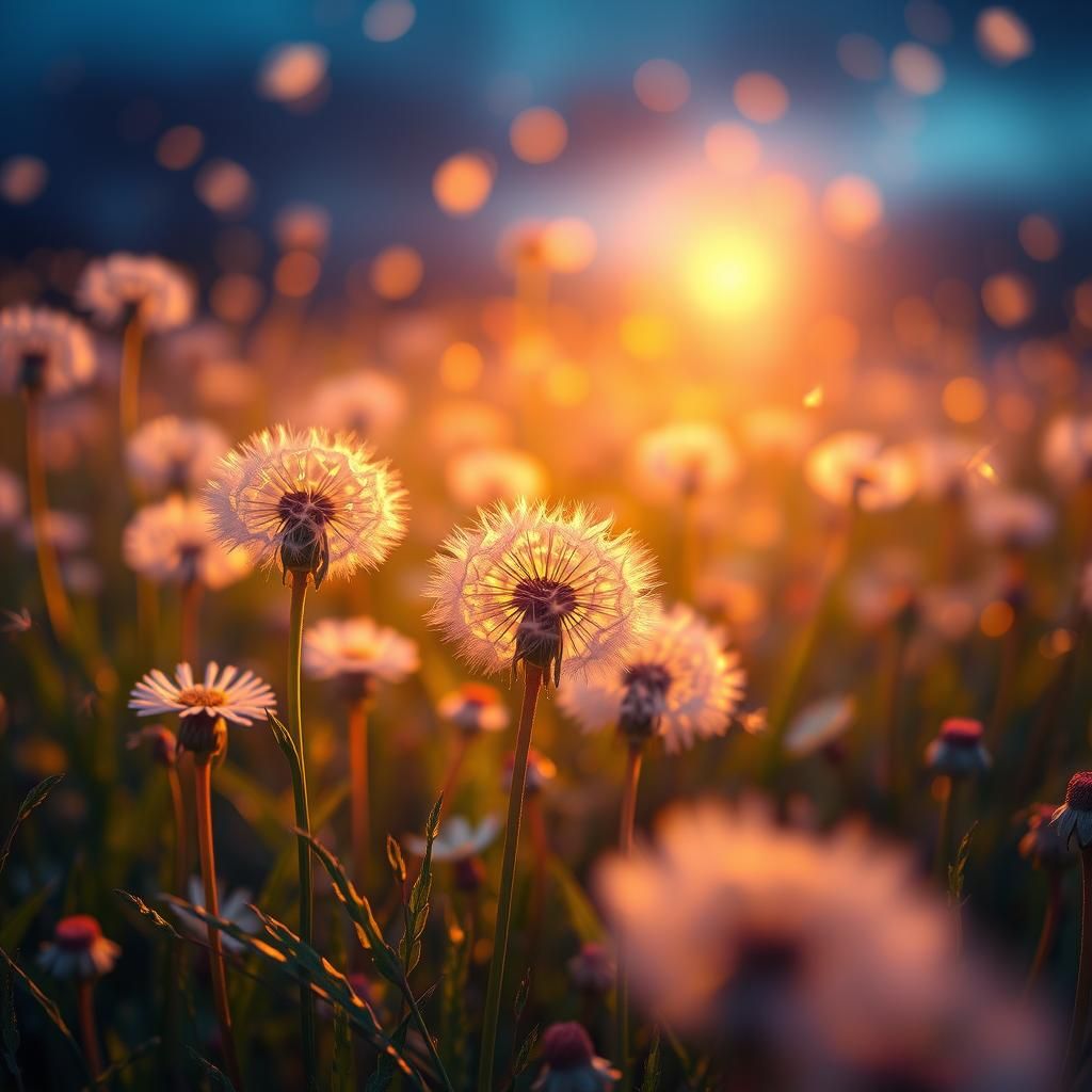 Iridescent Dandelions in Mystical Meadow, Digital Matte Pain...