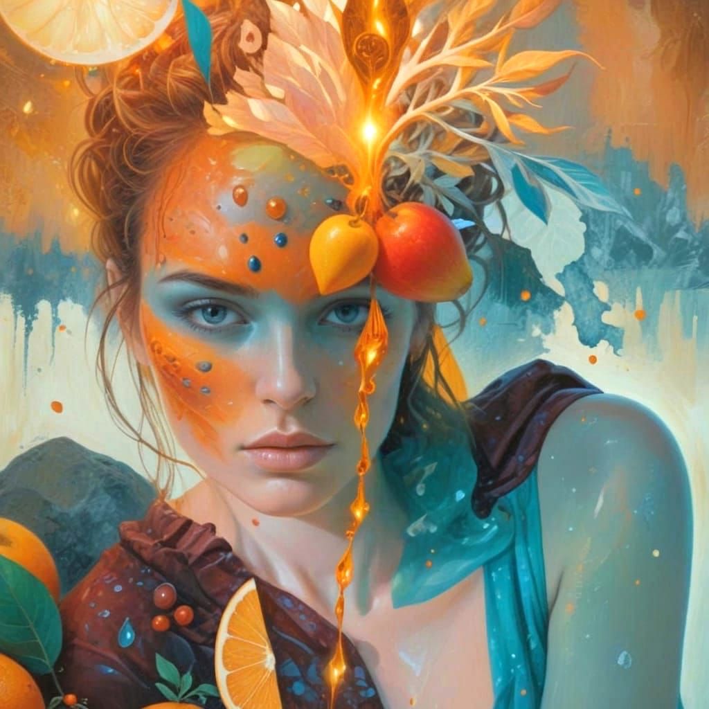 Surreal Woman's Face with Glowing Fruit, Oil Painting