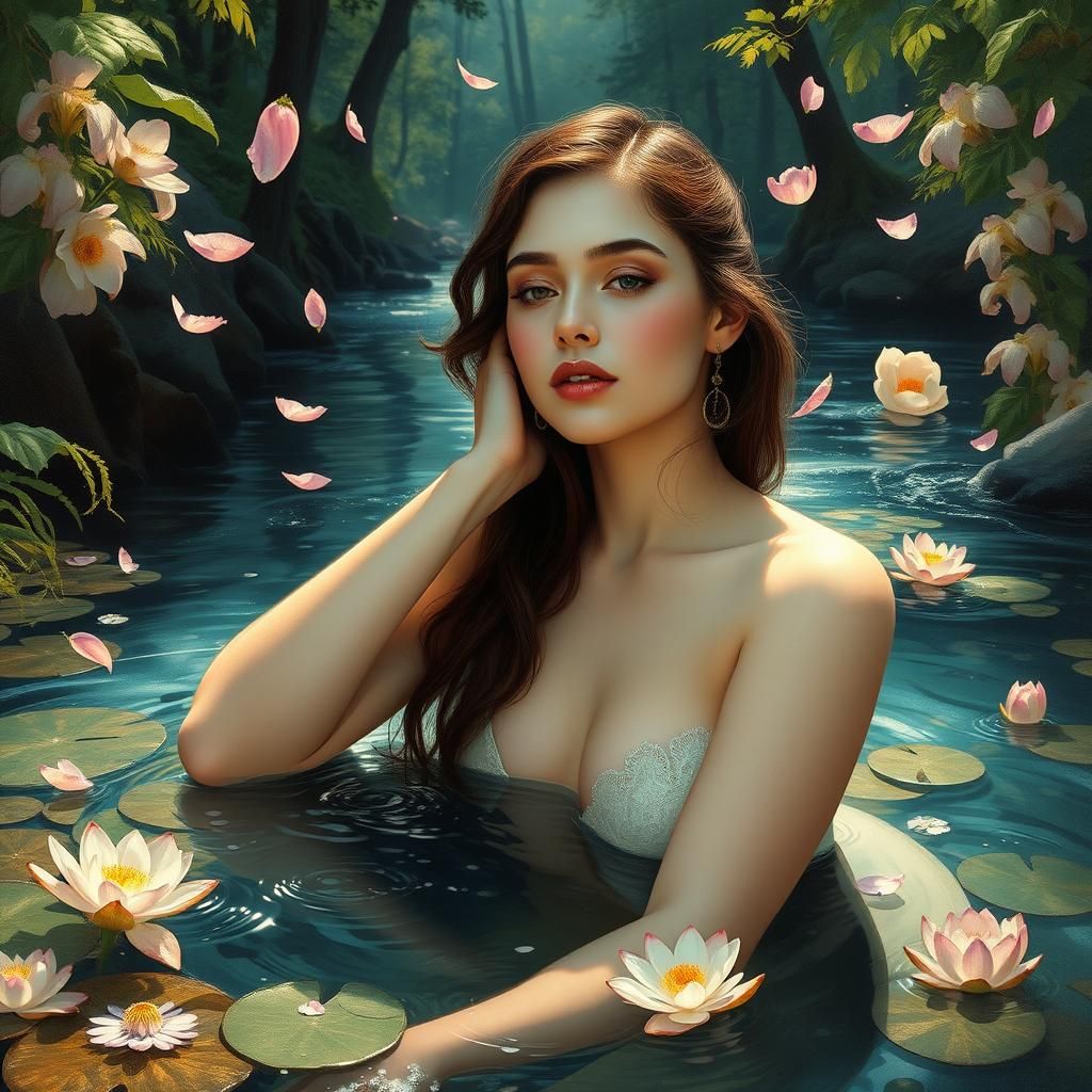 Ethereal Woman by Mountain Stream in Pre-Raphaelite Style