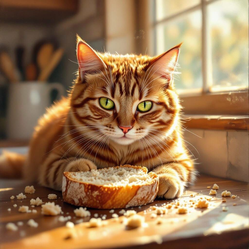 Cats Enjoying a Piece of Bread