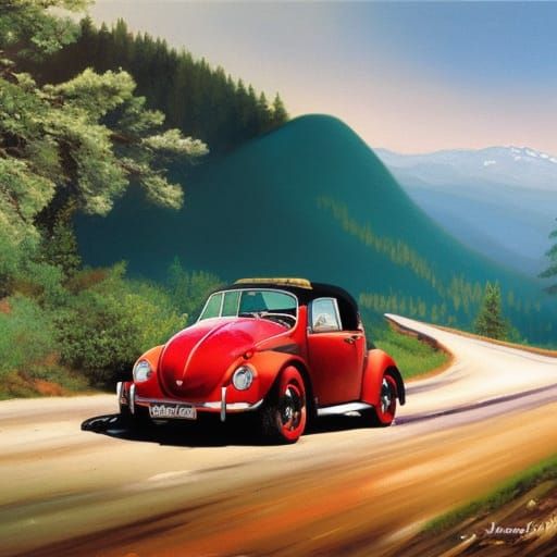 VW Beetle on Mountain Pass: Oil Painting