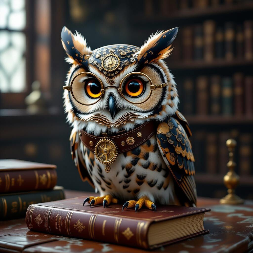 Steampunk Owl on Books in Dim Library