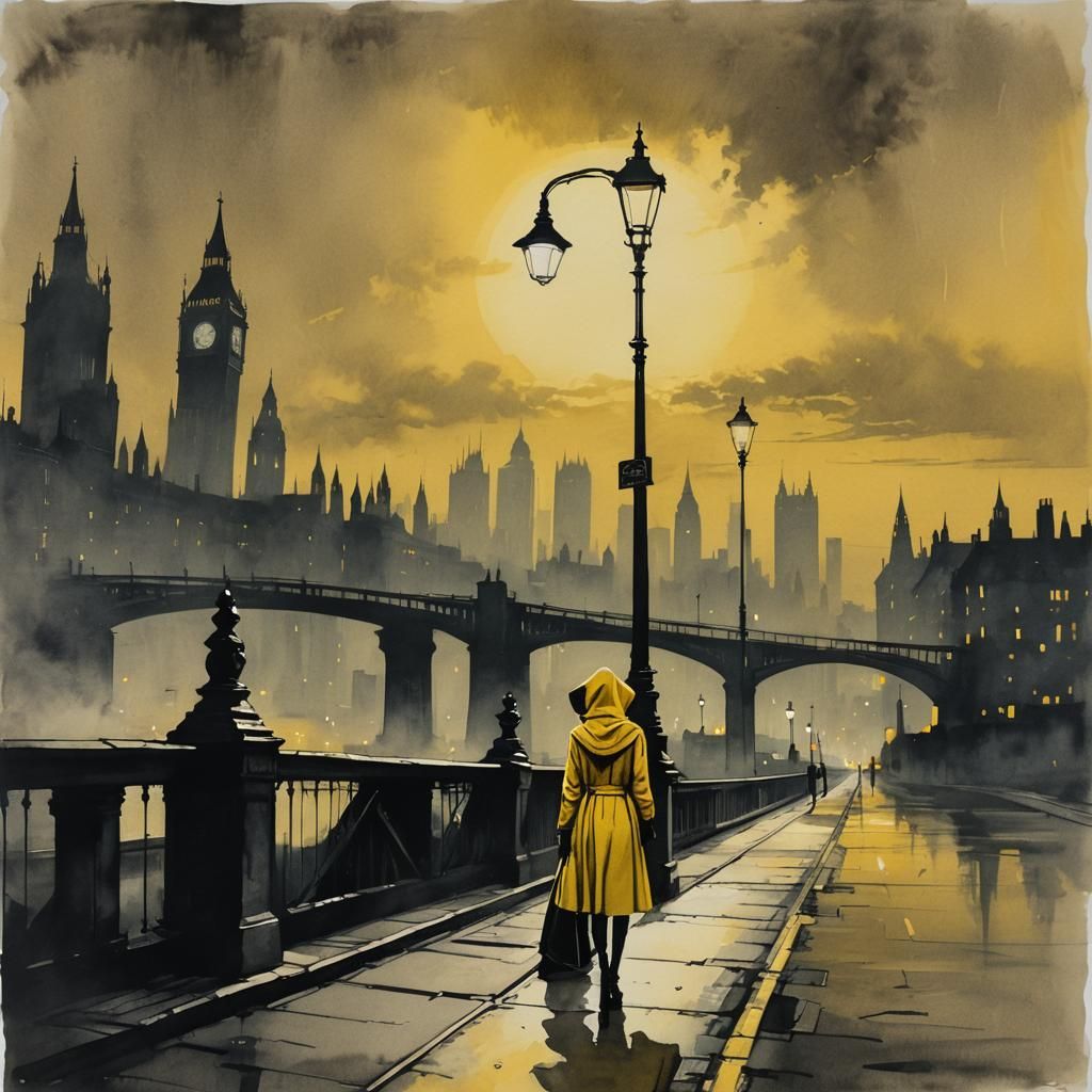 Girl in Yellow Dress: 1920s Film Noir Ink Painting