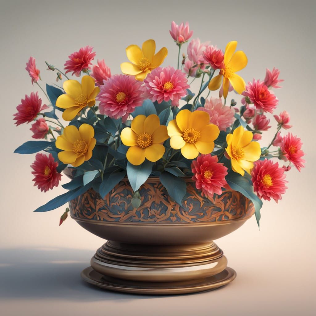 Golden Vase with Yellow Flower in Symmetrical Bloom