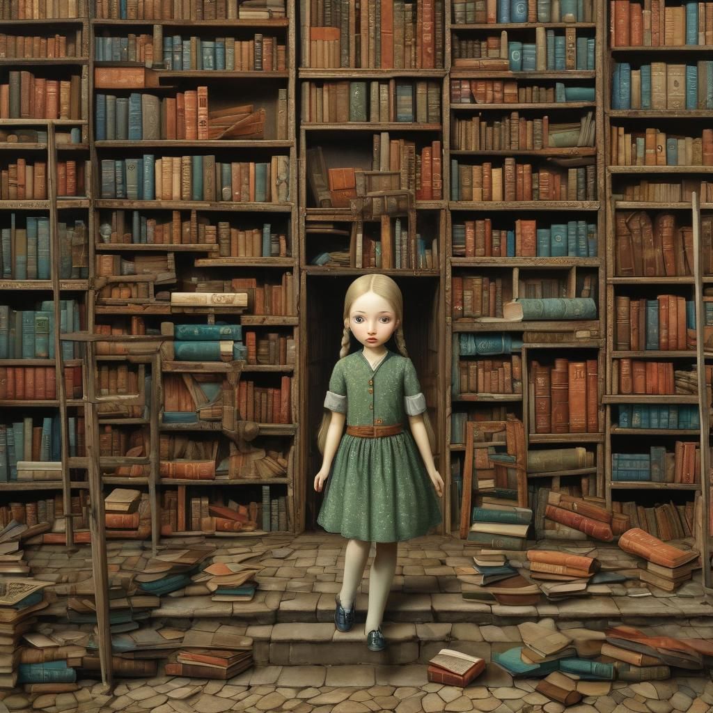 Girl Runs from Exploding Library, Surreal Art
