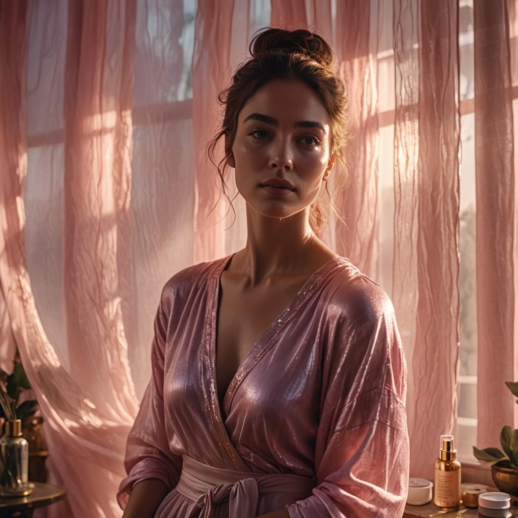 Woman in Pink Pajamas: Cinematic Skincare Scene