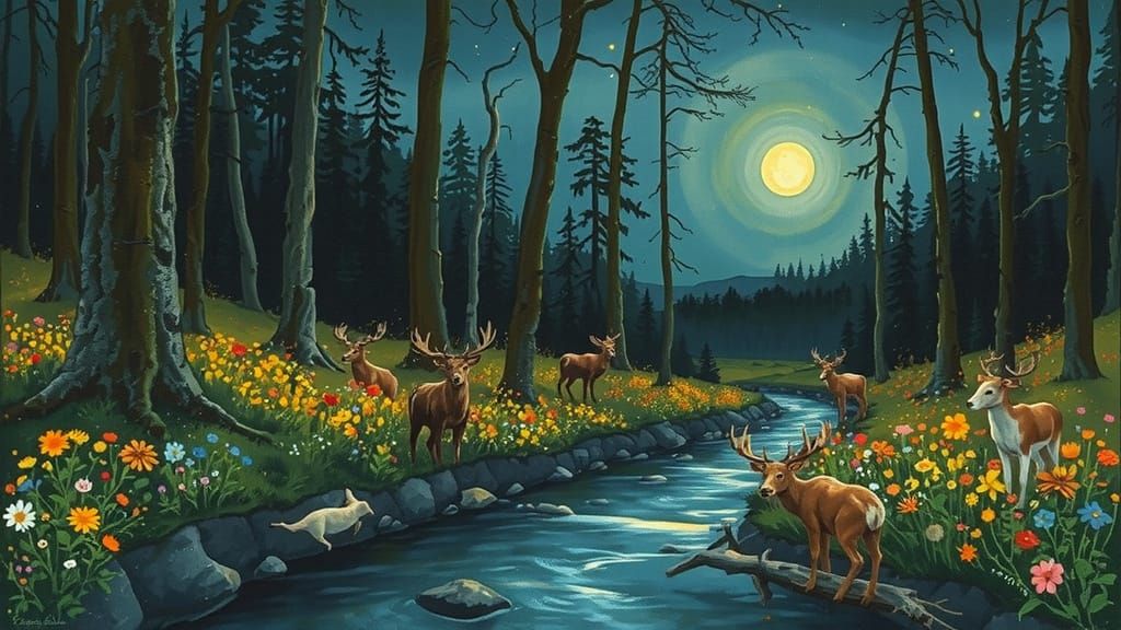 Enchanting Forest Nightscape with Diverse Wildlife