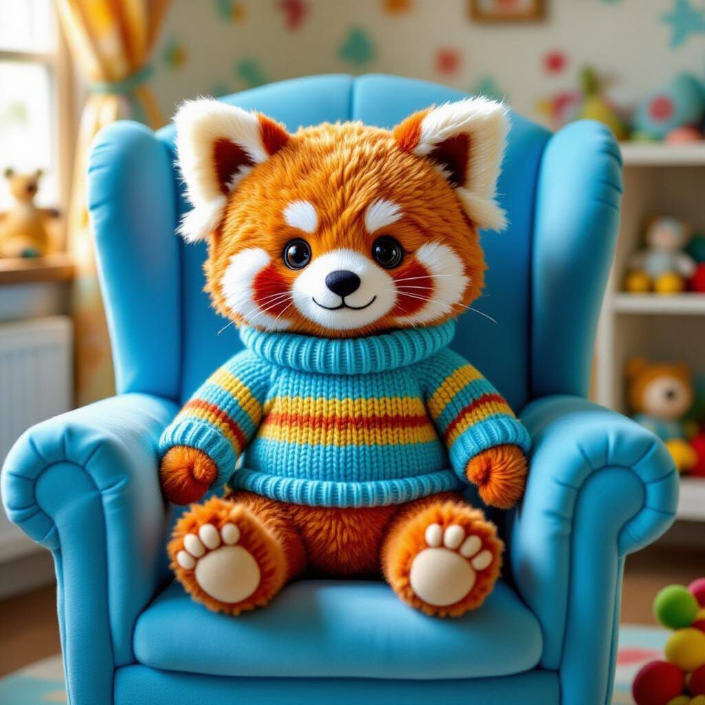 Whimsical Yarn Red Panda in Toy Room, Potter-esque Style