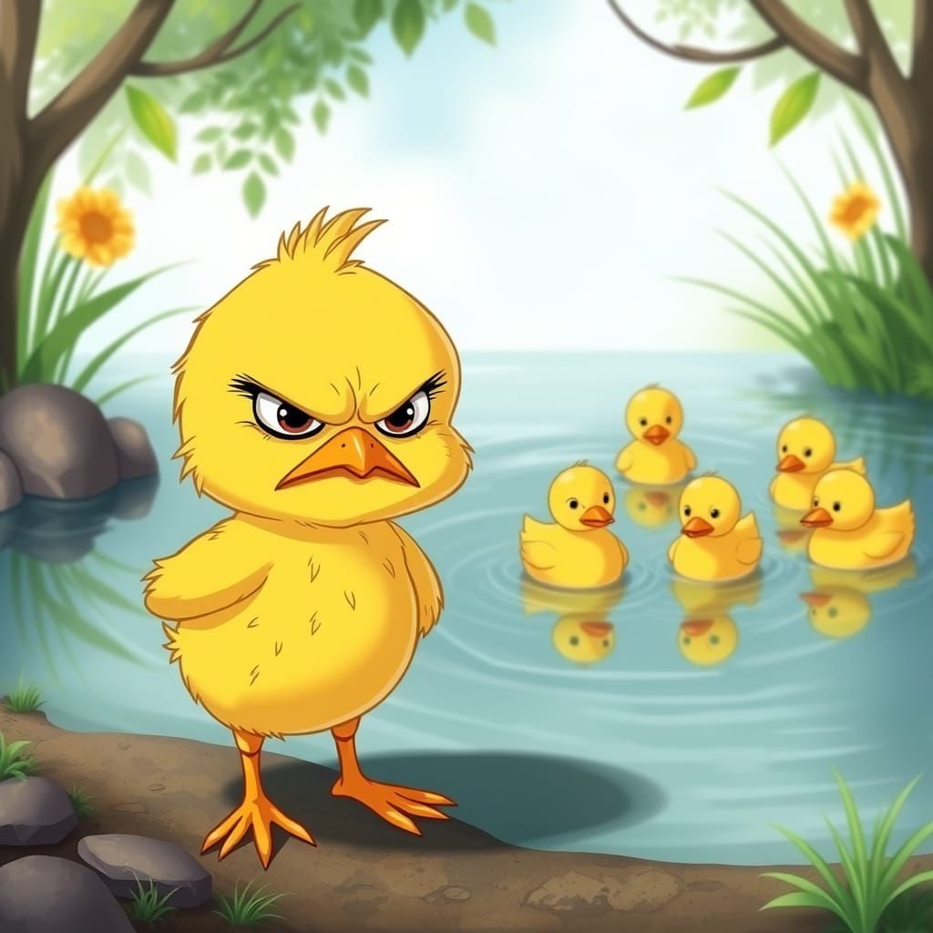 Grumpy Chick and Happy Ducklings in Cartoon Style