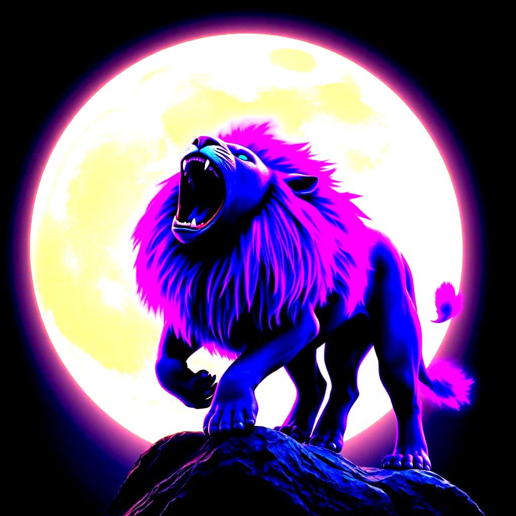 Neon Purple Lion Roaring on the Moon