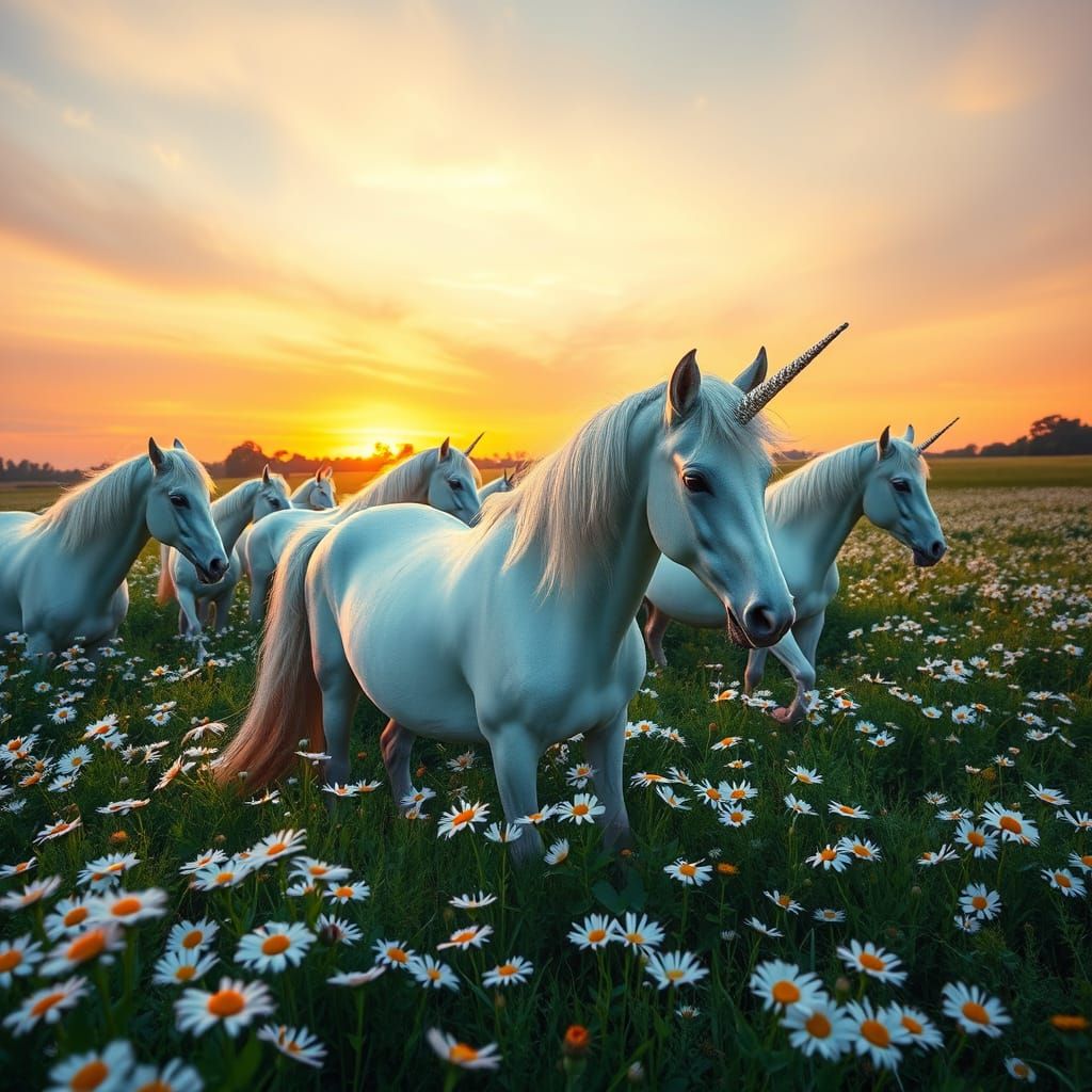 Unicorns in a Sunset Field of Daisies