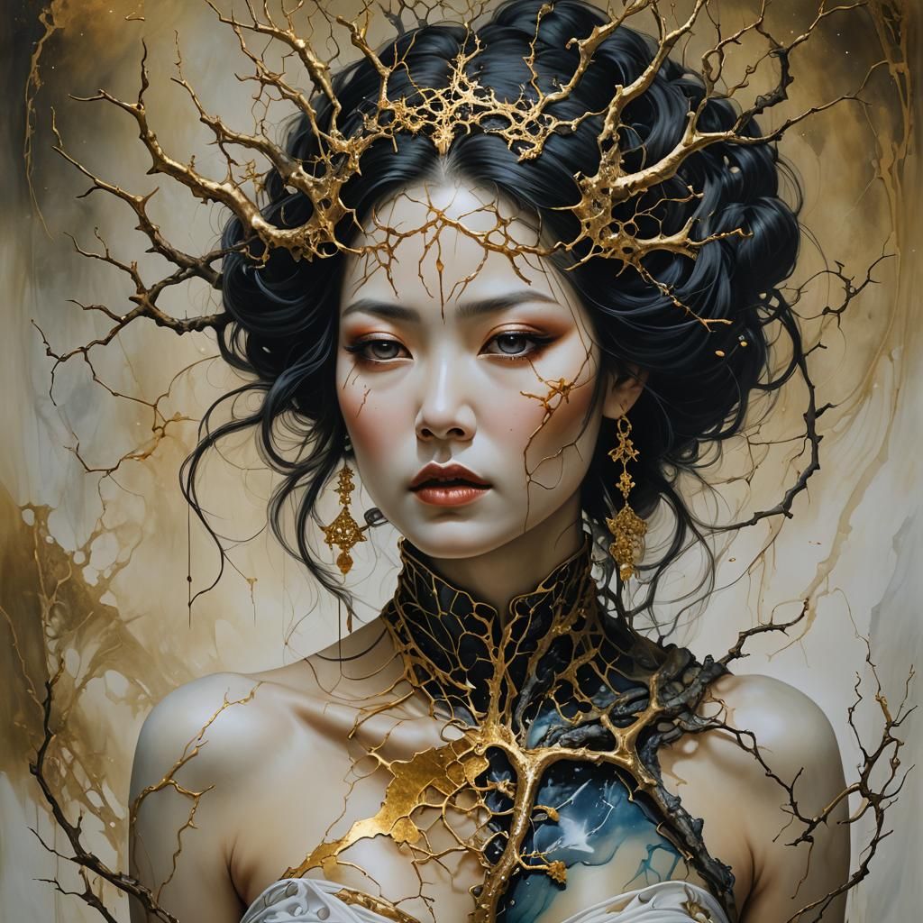 Dendritic Kintsugi Woman: A Surreal Oil Painting