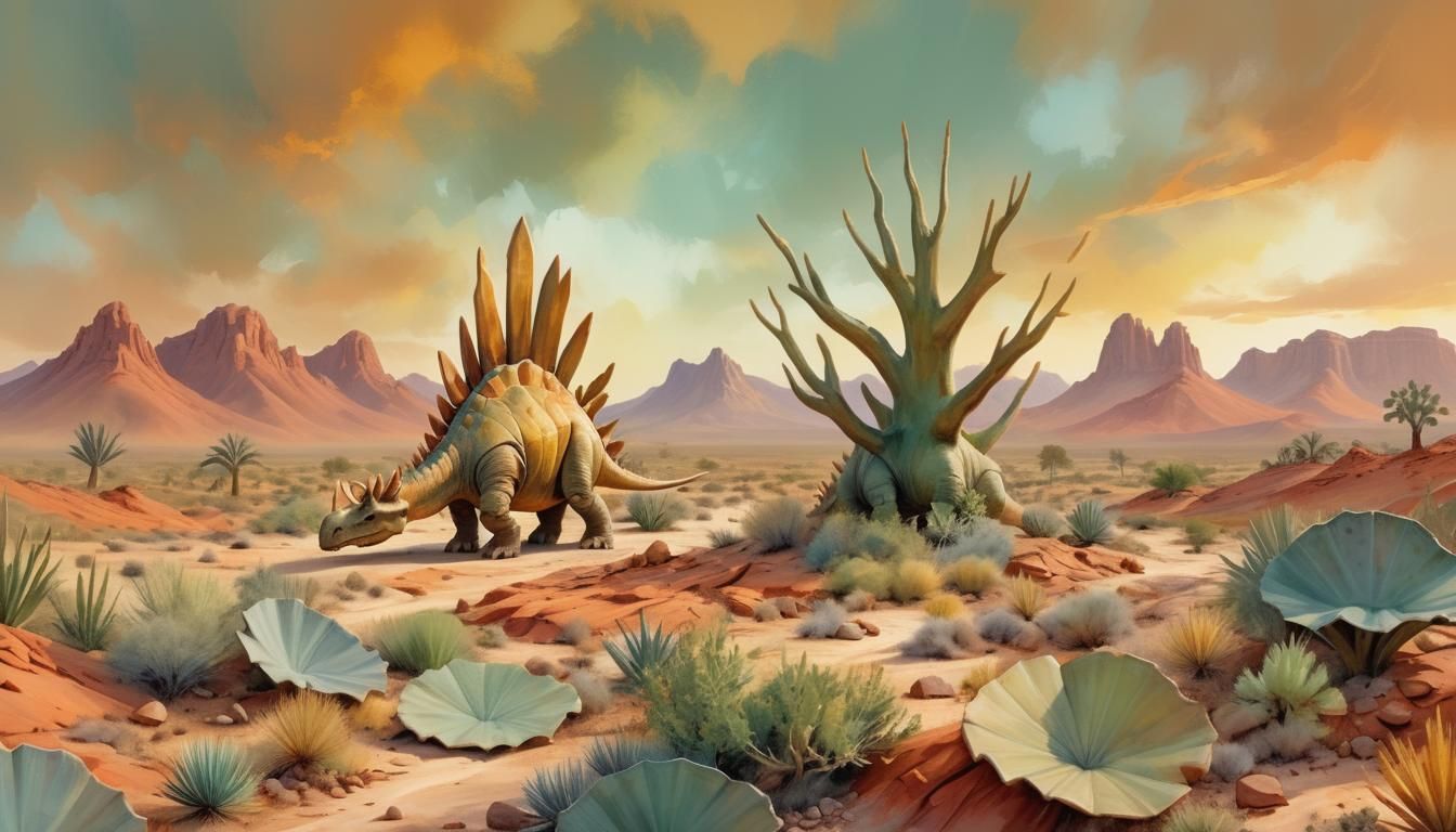 Stegosaurus in a Dreamy Jurassic Landscape Painting