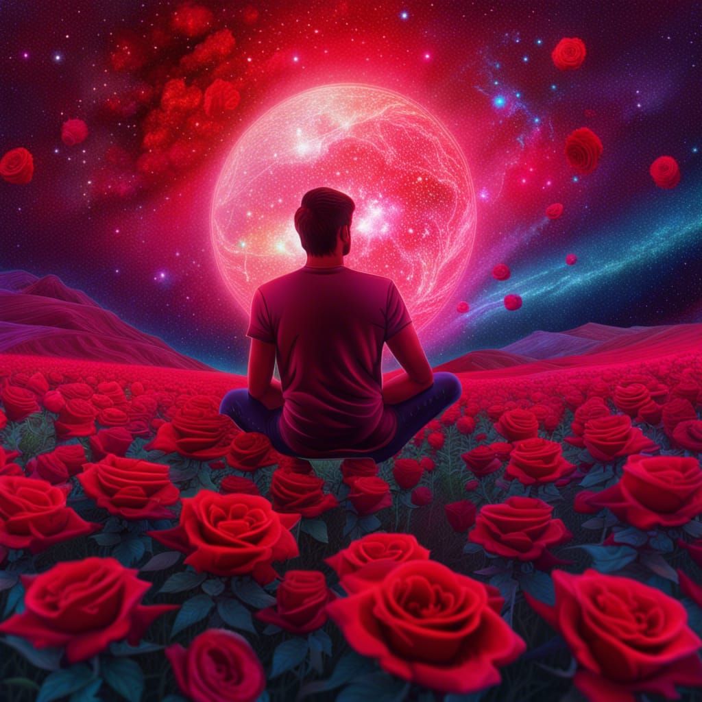 Man in Roses Field with Galaxy Sun