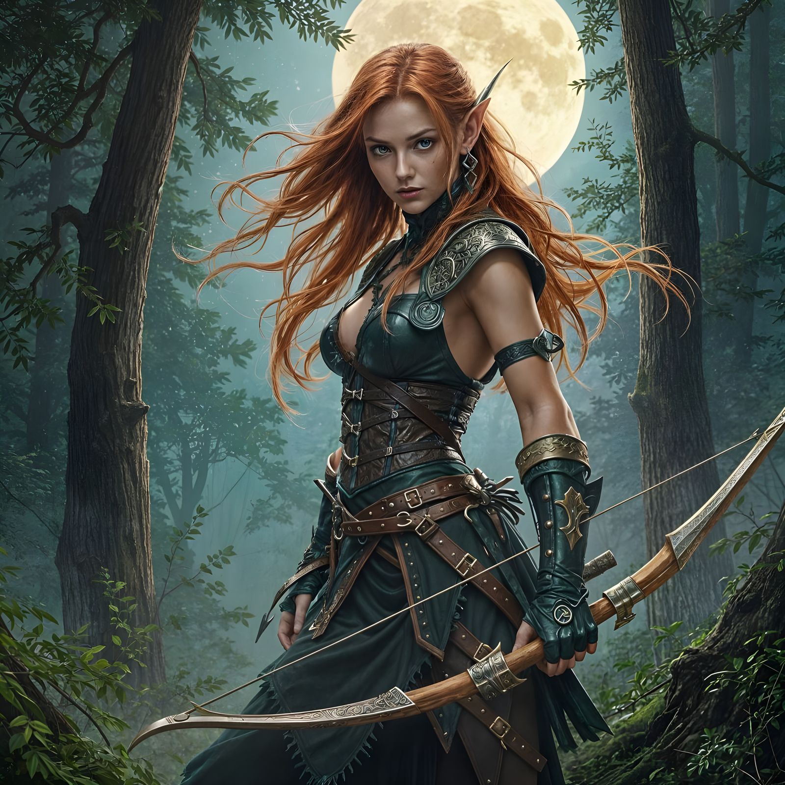Elven Huntress Stands Guard in Moonlit Forest