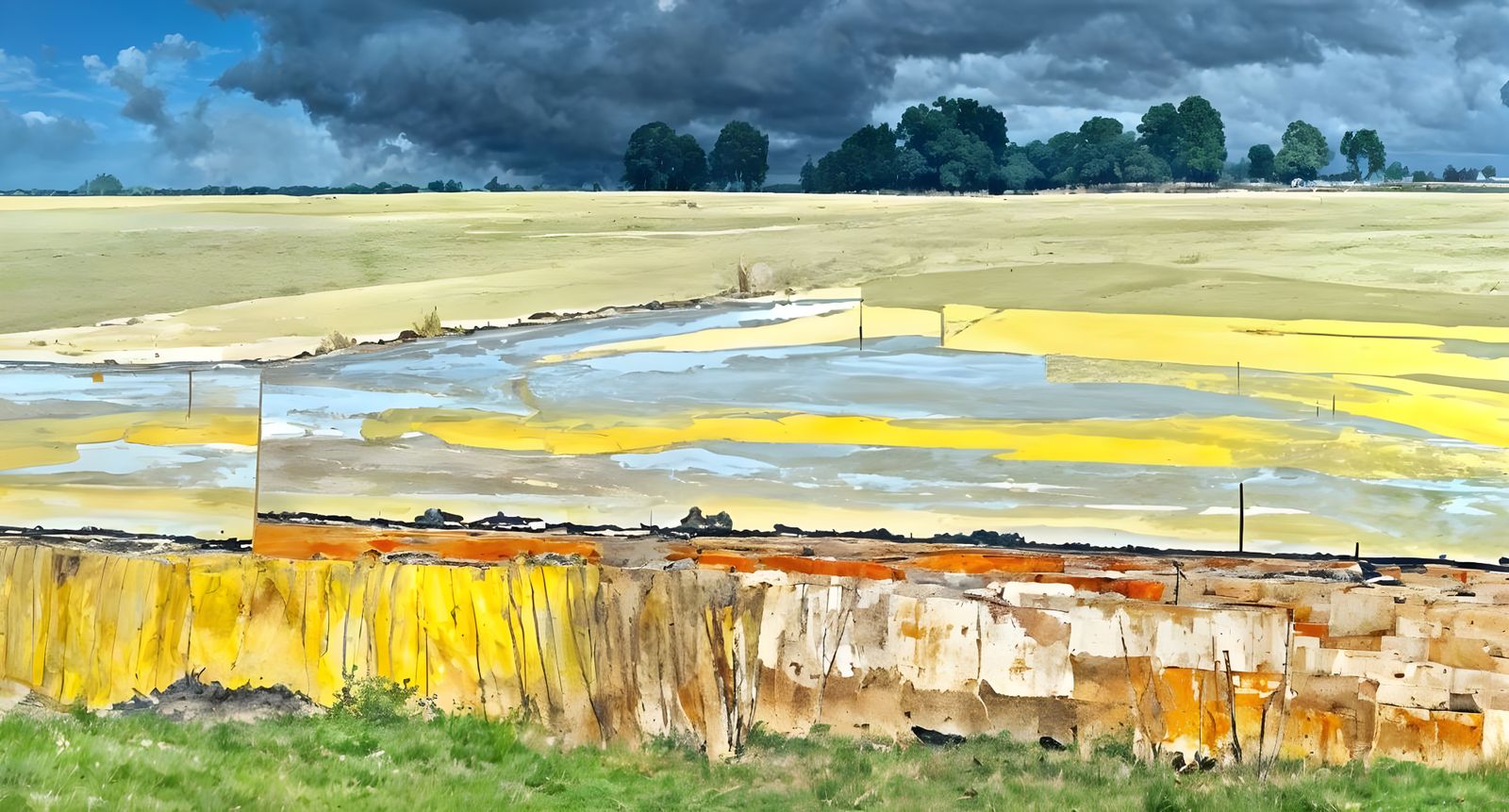 Abstract Landscape with Geometric Shapes and Storm Elements