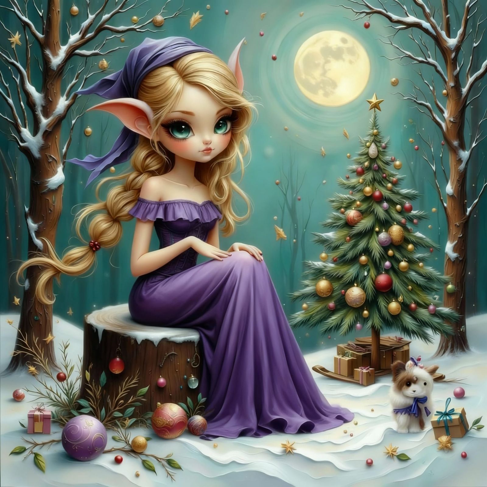 Whimsical Elf Girl by Decorated Xmas Tree in Snowy Woods