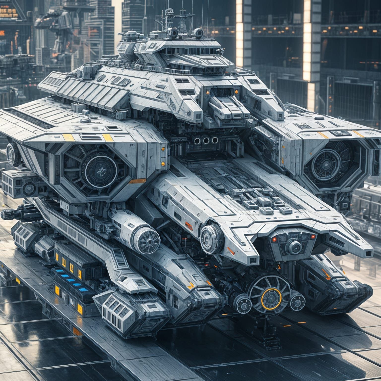 Futuristic Warship with Advanced Weaponry: Cinematic Still