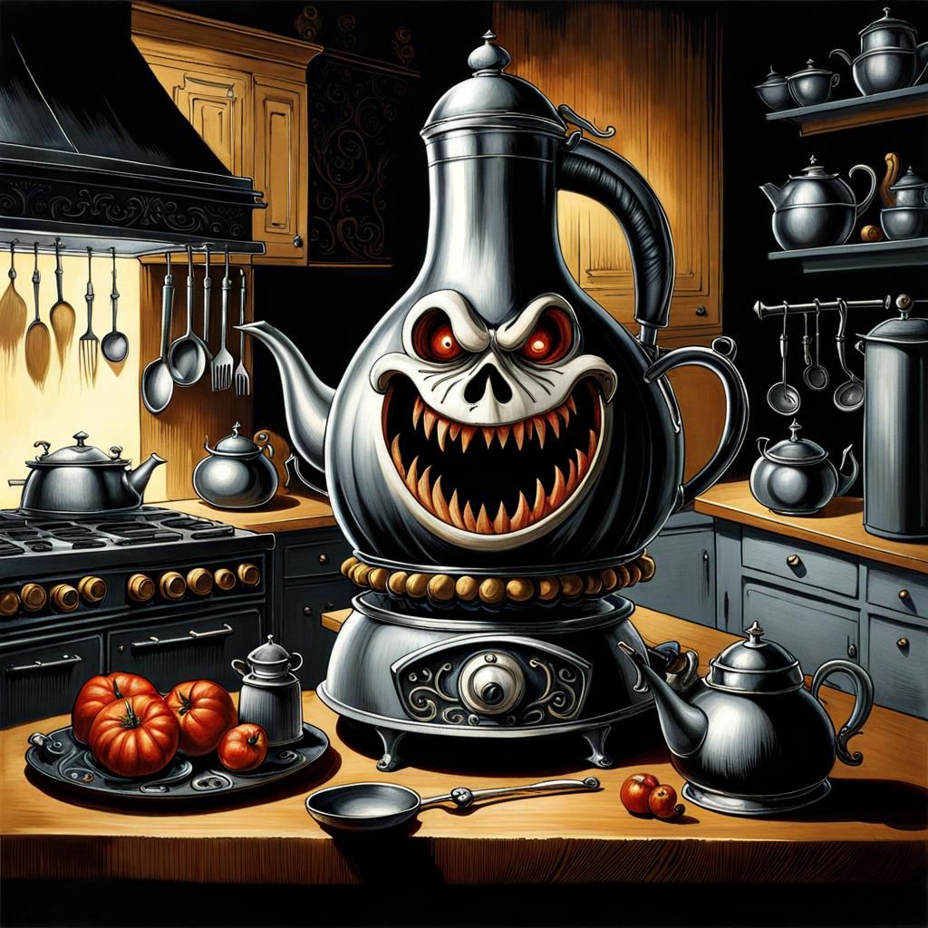 Evil Kitchen of Terrified Chef in Dark Fantasy Style