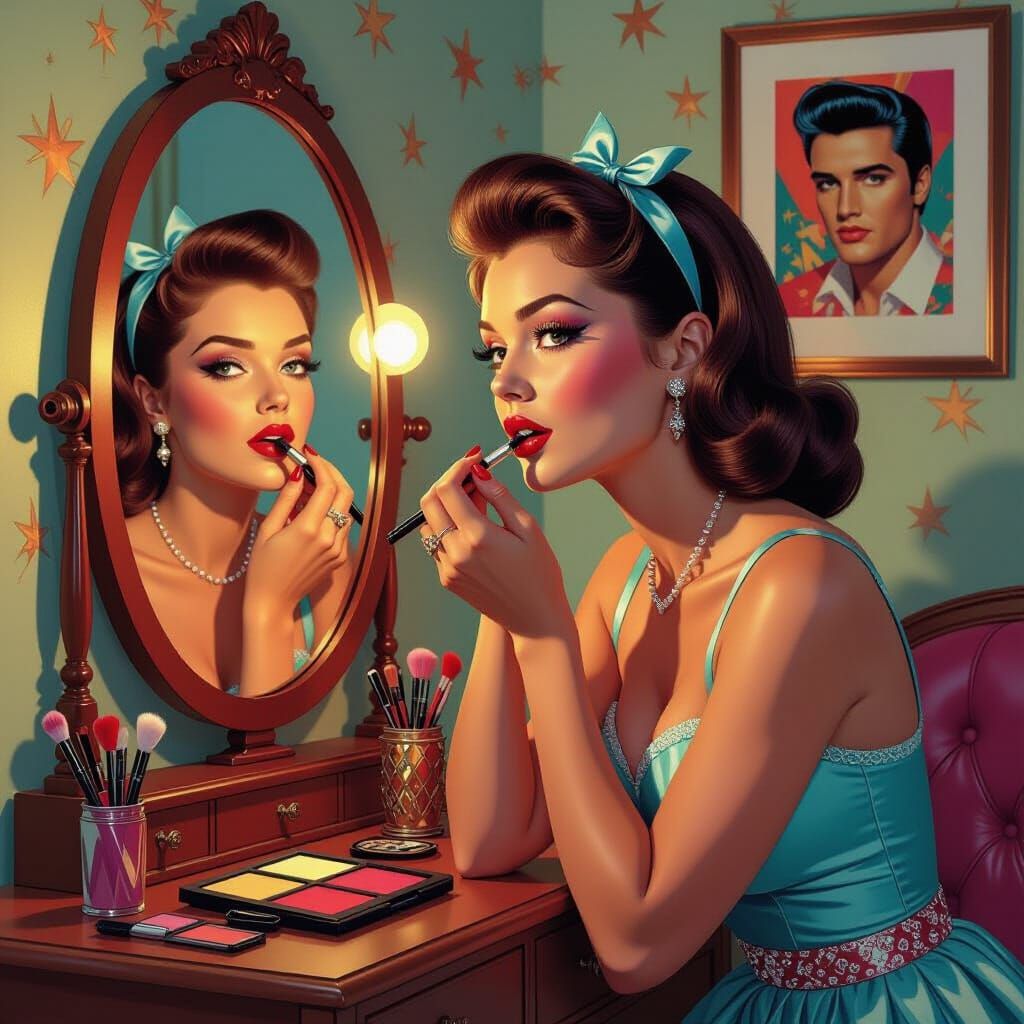 1950s Girl Applies Makeup with Elvis Poster