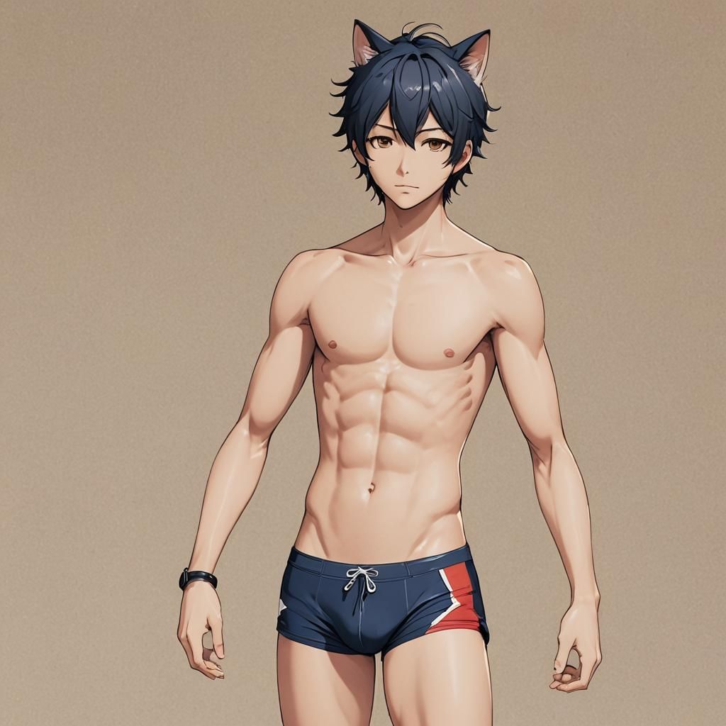 Anime Neko Boy in Swim Briefs