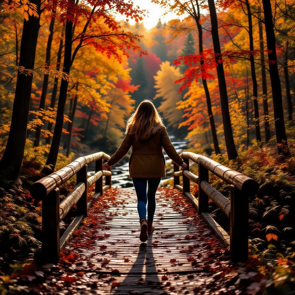Autumn Woods: Woman Skipping Over Stream on Log Bridge