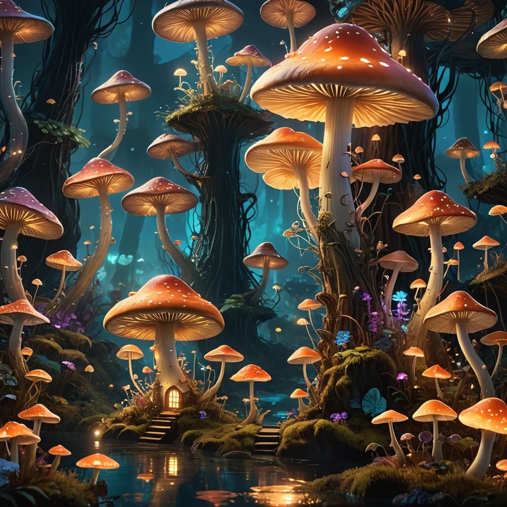 Bioluminescent Mushroom Houses Floating on a Mystic Sea