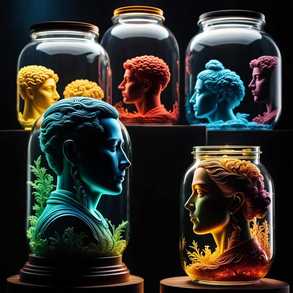 Head Silhouette with Jars of Personalities: Hyperrealistic C...
