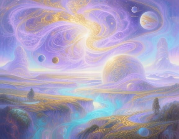 Maximalist Ethereal Landscape Painting with Celestial Bodies