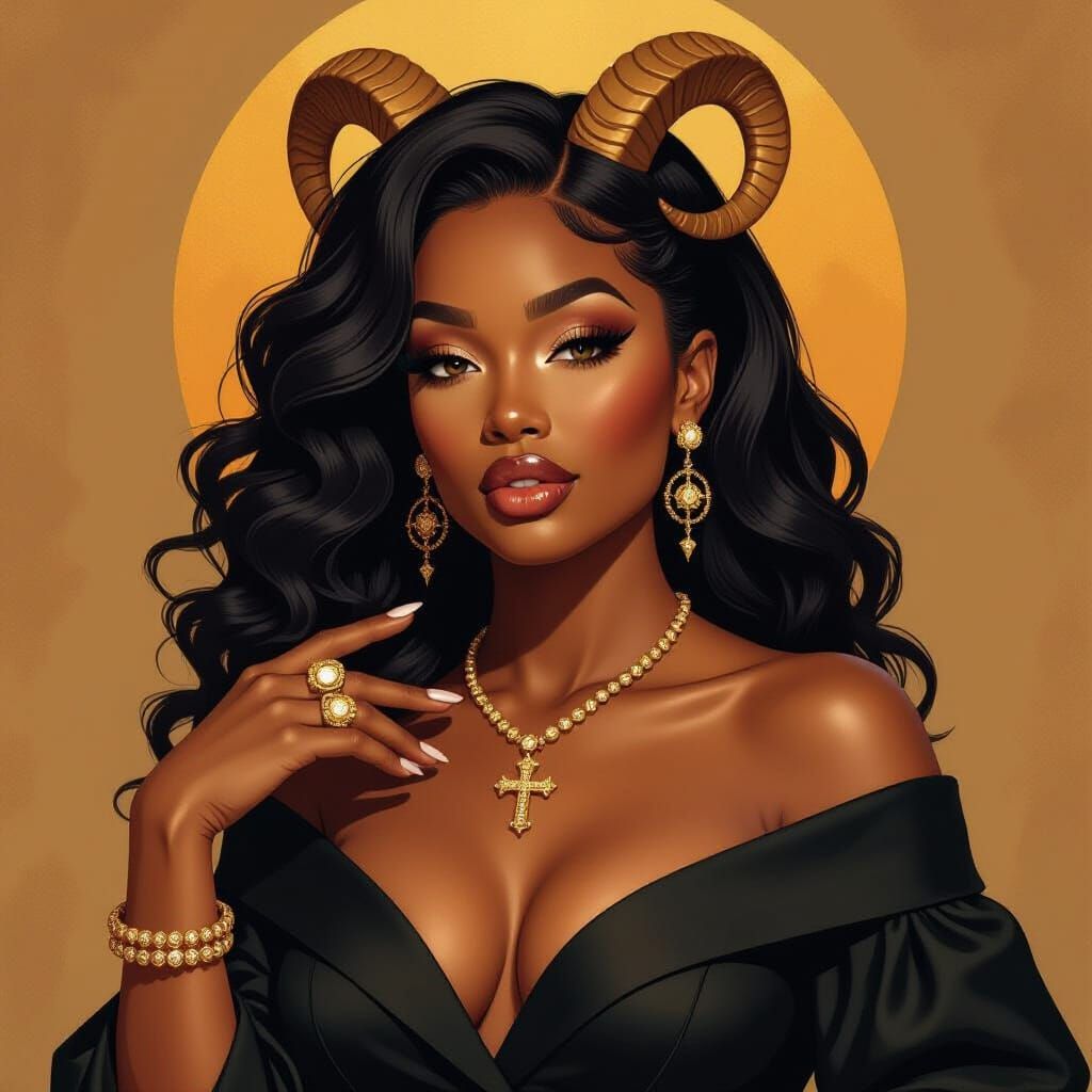 Elegant Black Woman with Capricorn Symbol, in Figurative Sty...