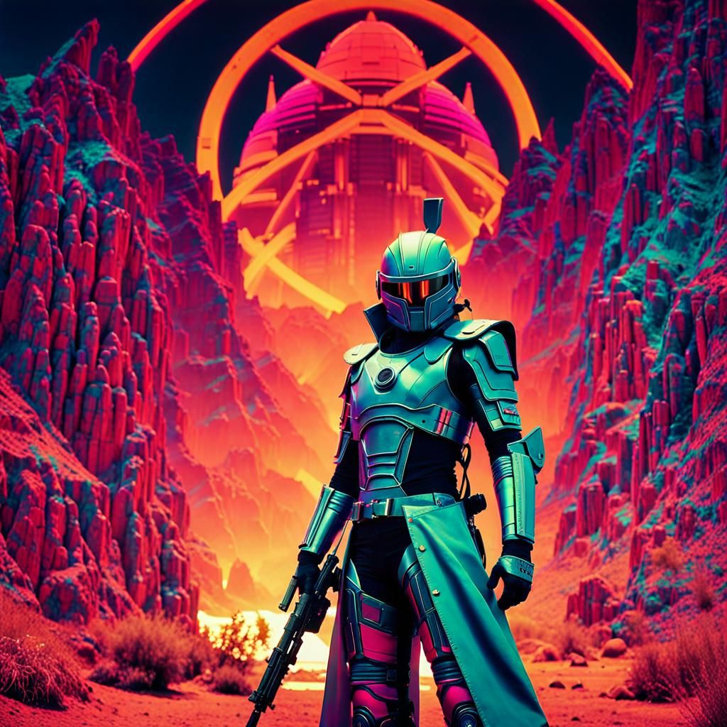 Futuristic Armored Figure in Synthwave Cyberpunk Style