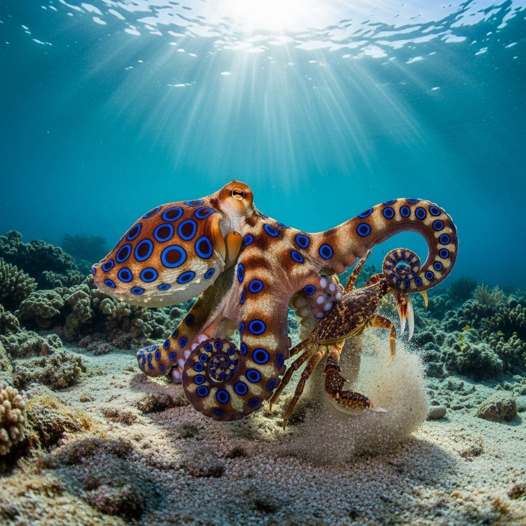 Blue-Ringed Octopus Captures Crab in Coral Reef