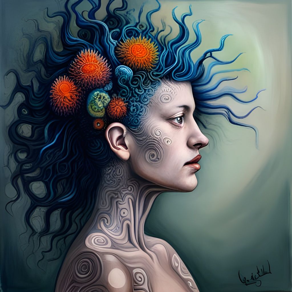 Woman with Sea Anemone Hair, Surreal Mixed Media