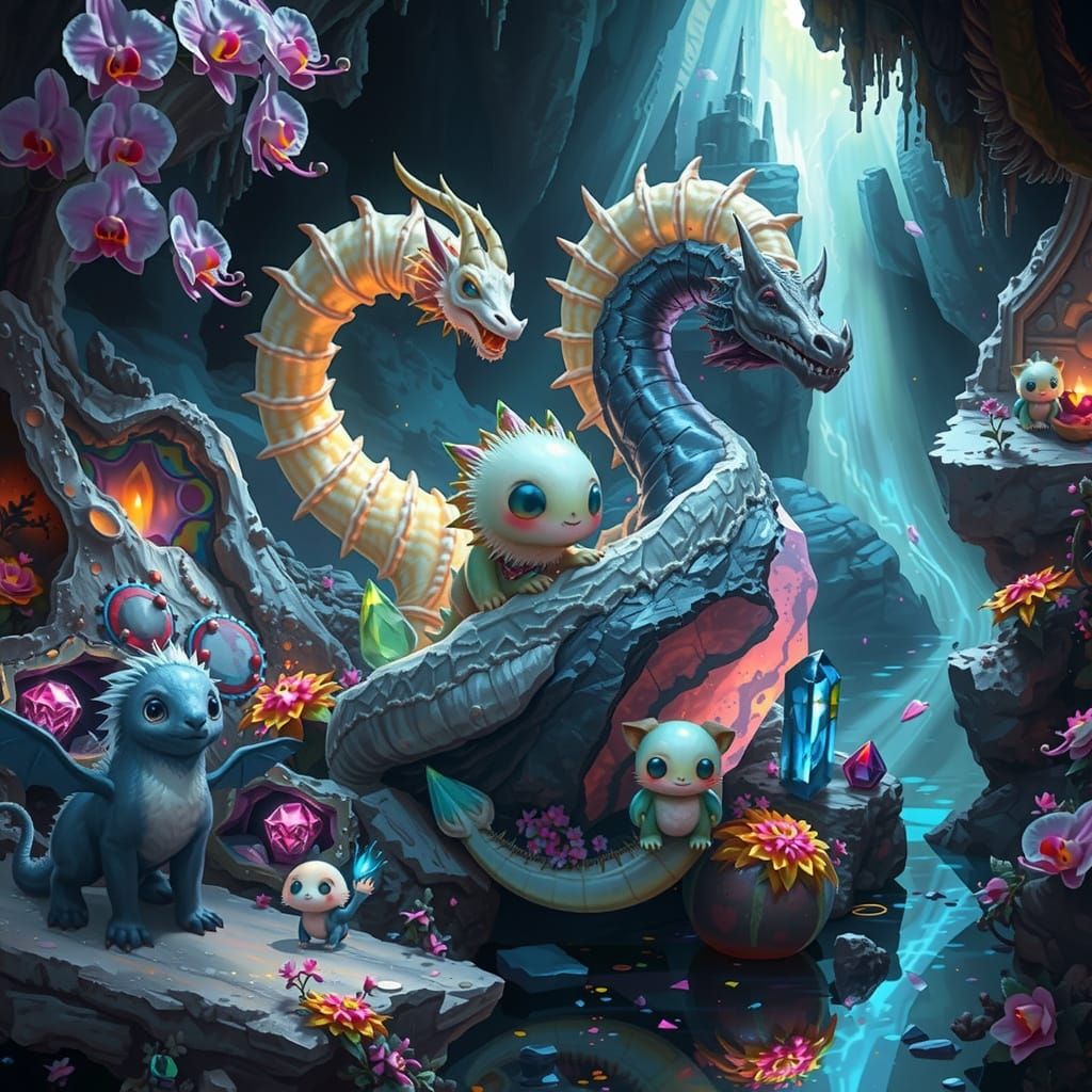 Bioluminescent Crystal Cavern with RPG Creatures in Neon Ink...