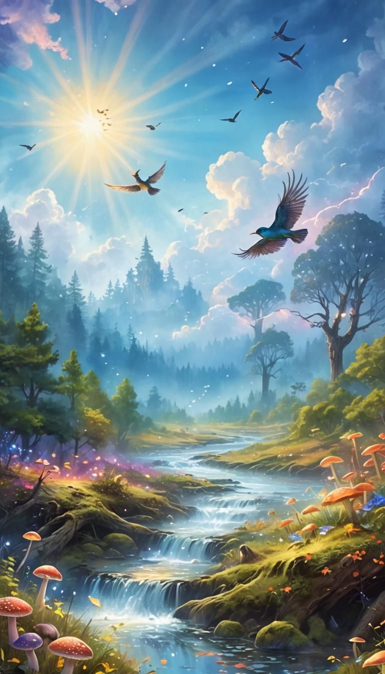 Magical Forest with Birds in Digital Painting Style