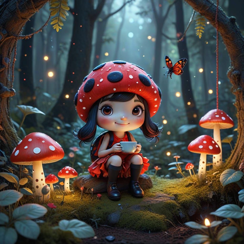 Whimsical Polka Dot Forest Scene with Ladybug