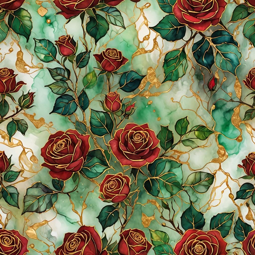 Abstract Alcohol Ink Red Roses with Gold Outlines