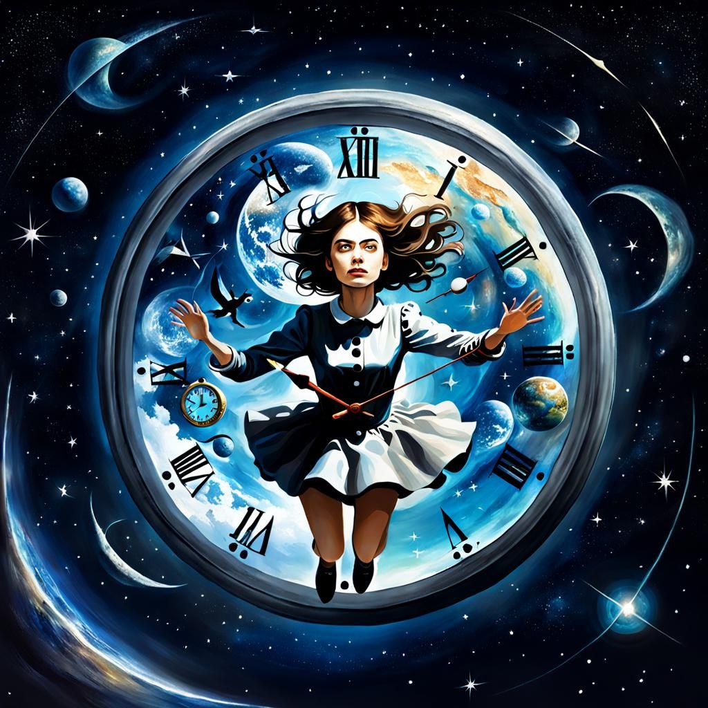 Surreal Woman in Space with Clocks