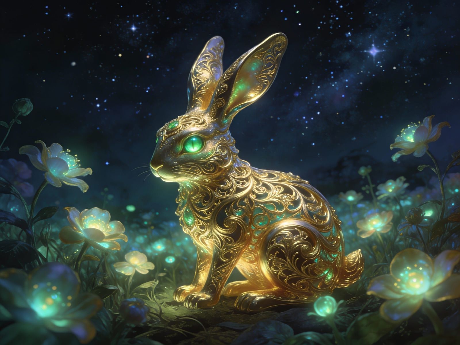 Golden Rabbit with Emerald Eyes in Bioluminescent Field