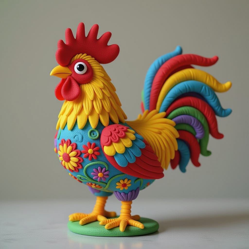 Playdough Rooster Sculpture in Gothic Psychedelic Style