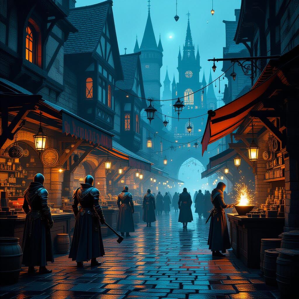 Digital Medieval Marketplace in Dark Fantasy Style