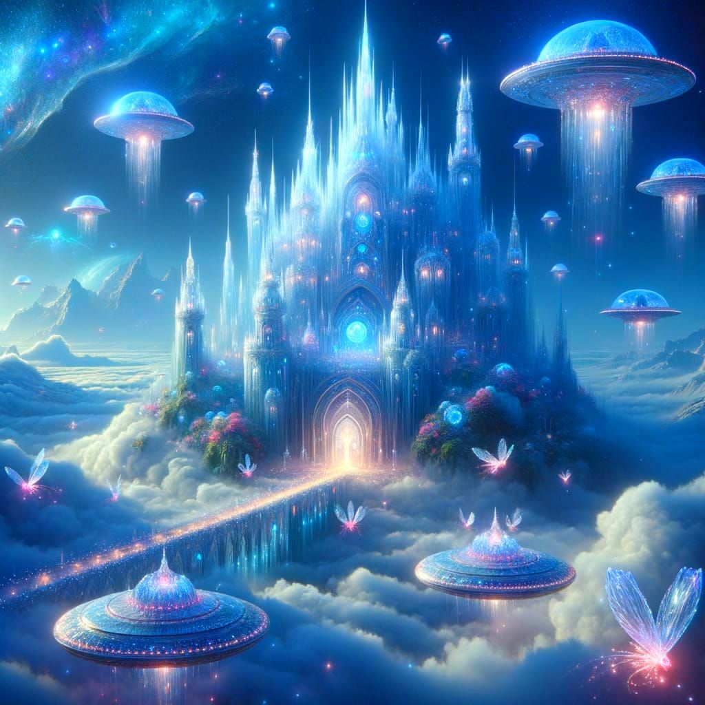 Ethereal Crystal Castle with UFOs and Fairies