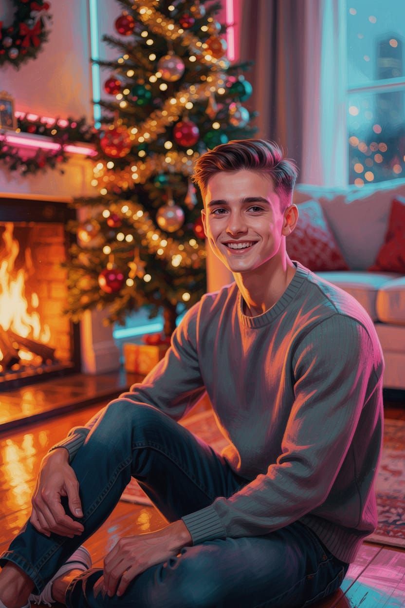 Handsome Young Man by Fireplace in Pop Art Style