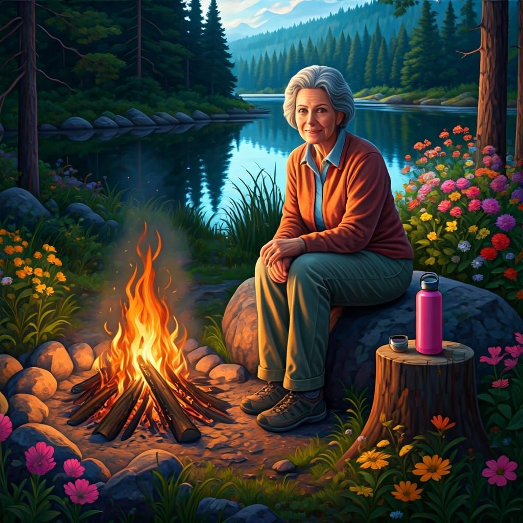 Cozy Summer Lady by Campfire Painting