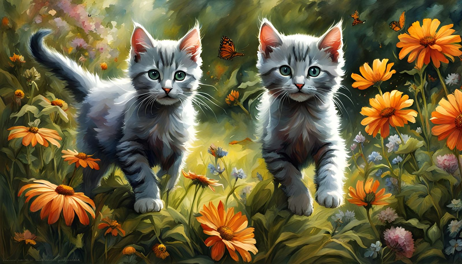 Kitten Pouncing in English Garden, Renaissance Painting