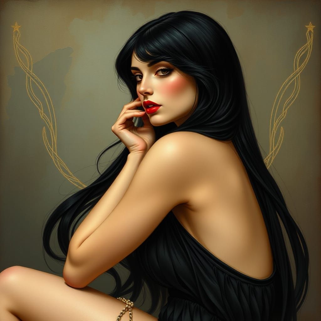 Elegant Woman in Art Nouveau Pre-Raphaelite Style