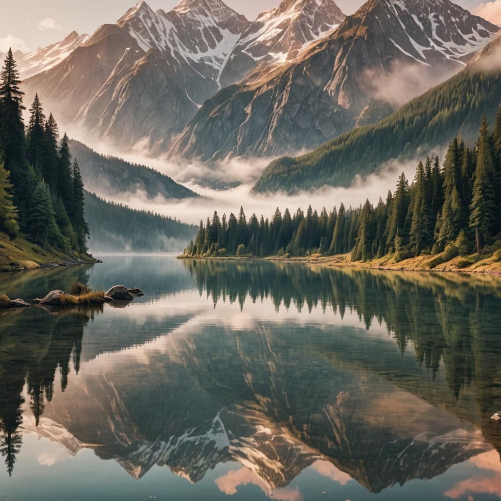 Tranquil Mountain Lake Reflects Dawn Sky: Matte Painting