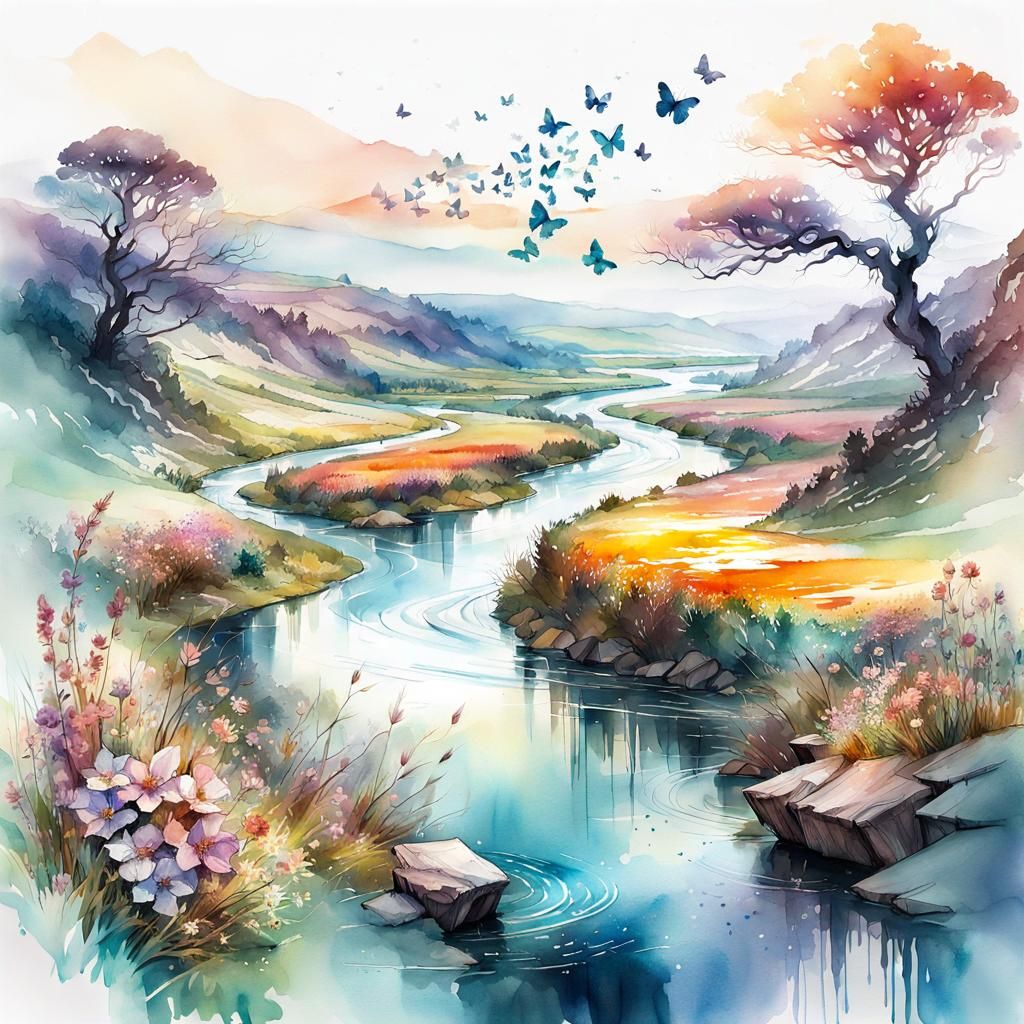Blooming River in Fantasy Watercolor Landscape